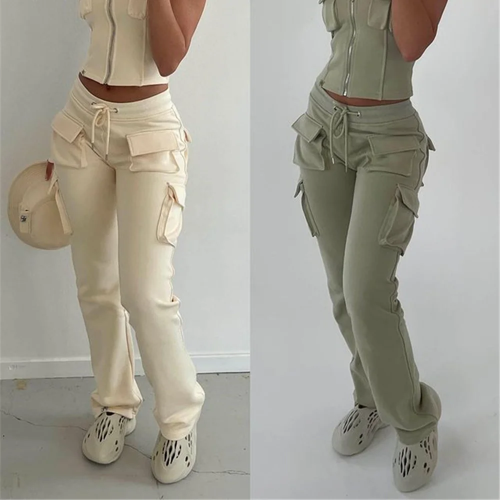 New spring style women cargo jogging workout sweat pants stacked cargo pants trousers