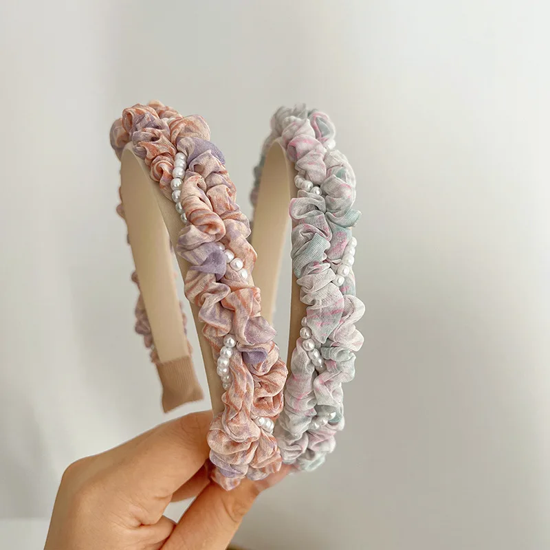 CLARMER Summer new design sweet mix color pearl twine women hair accessory handmade custom pleated headband