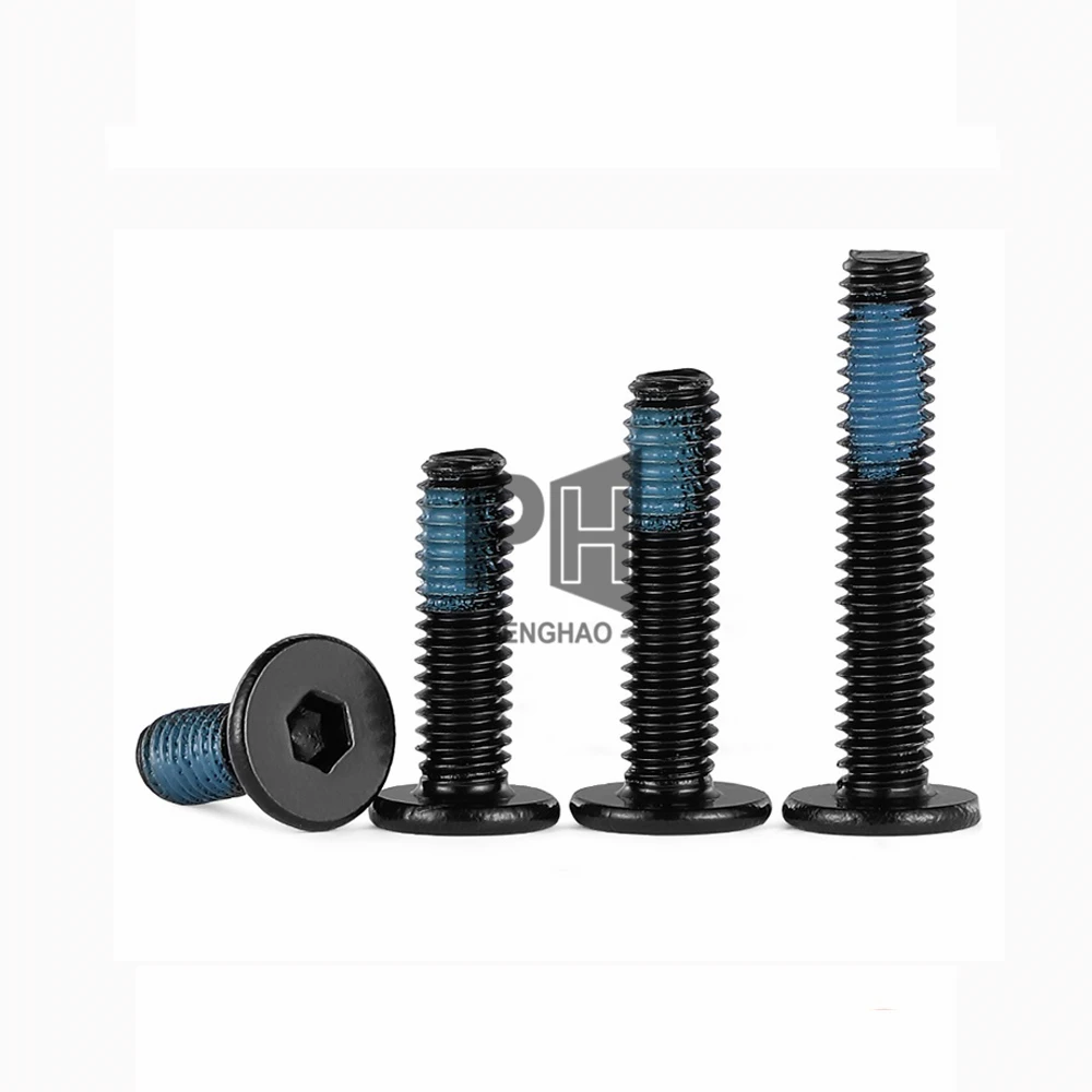 Black 304 Stainless Steel M2-M6 Thin CM Flat Head Hex Socket Screws Thread Locking Nylon Patch Anti-Drop Anti-Loose Screws