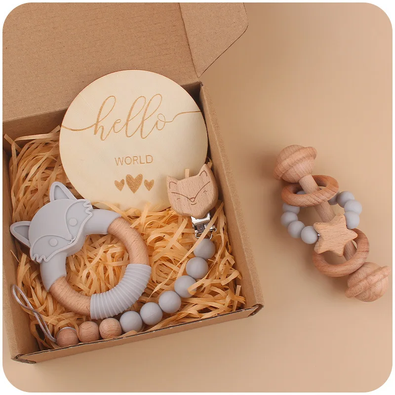 New design baby beech silicone 4pcs baby gift set headband bunny teether rattle chewable baby teether