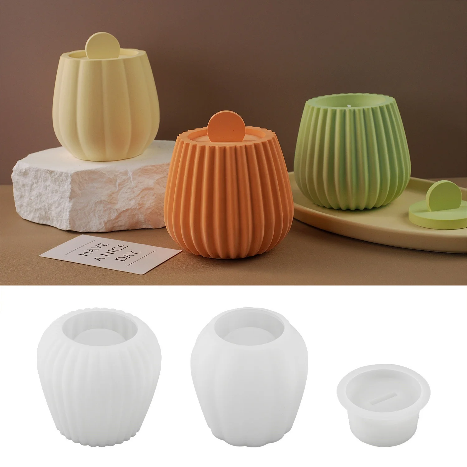 CARATTE Striped Candle Jar Pot Mold with Lid Concrete Cement Jar Silicone Mold for Wax Candle Making