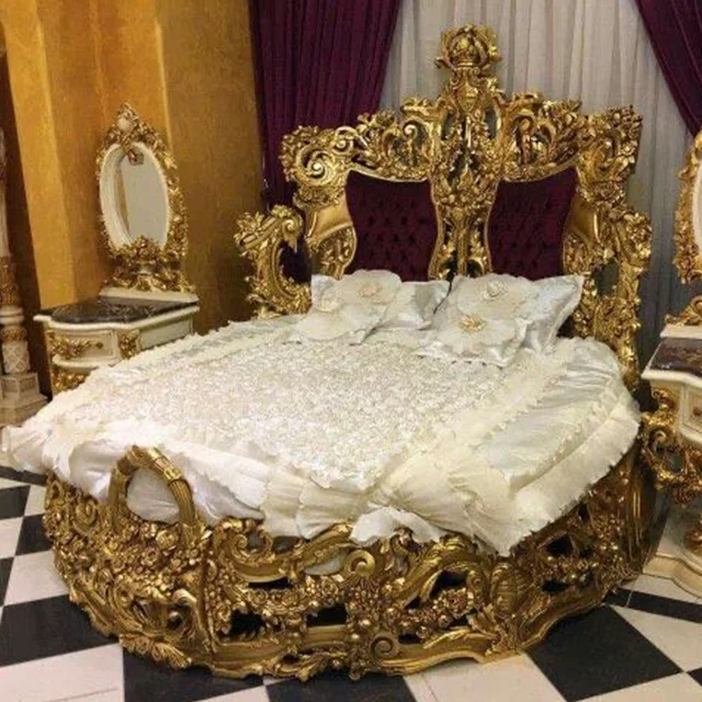  Деревянная кровать в стиле Саудовской Аравии Золотая 24K роскошная мебель для главной спальни круглая