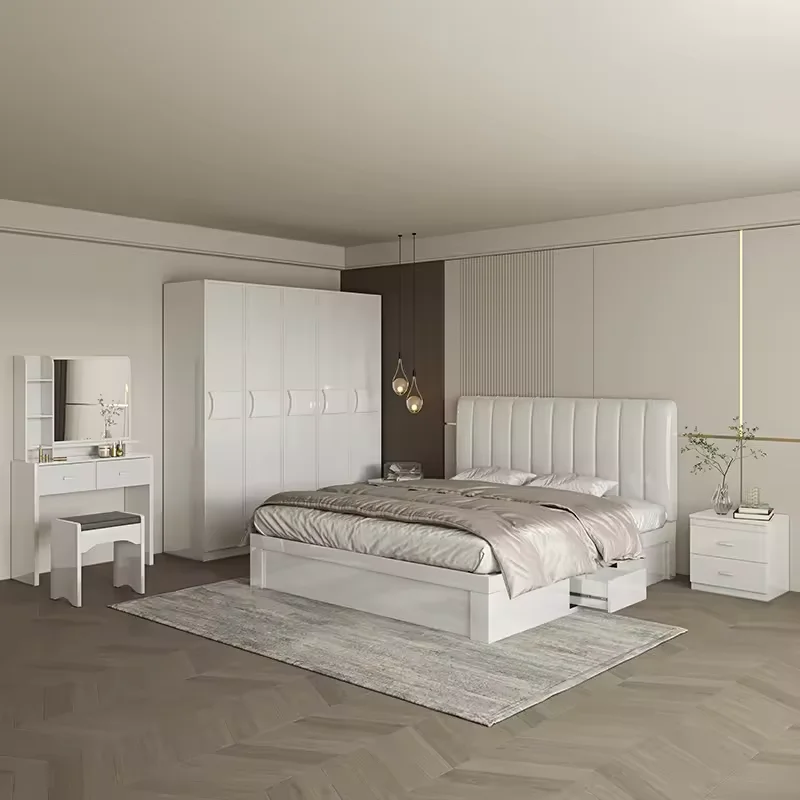 High quality Yifan 1.8 M large bed set furniture with wardrobe dresser bedside table modern cream style MDF bedroom set