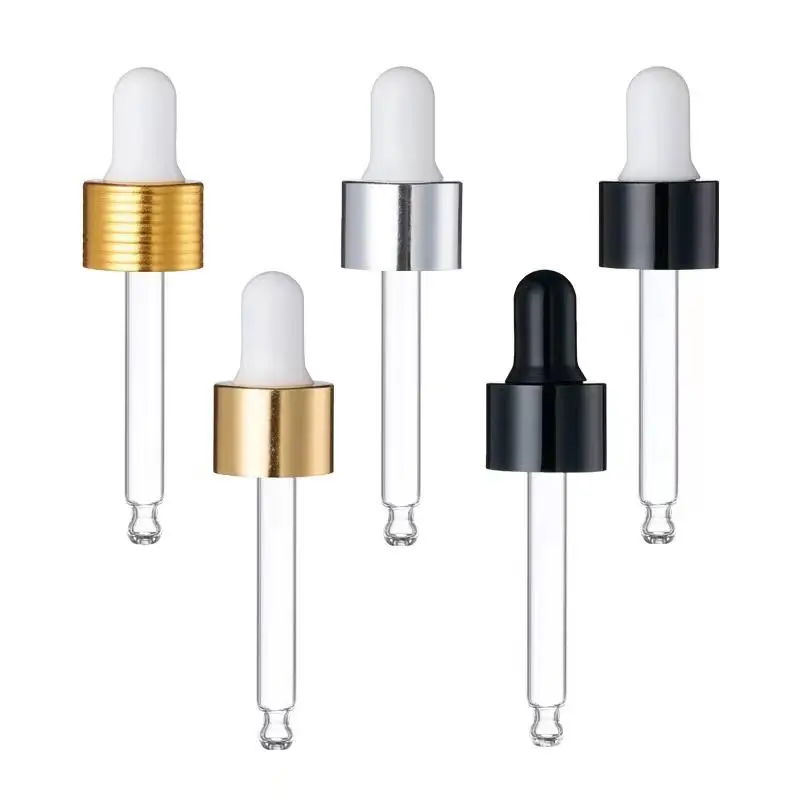 20/415 20/400 20/410 Aluminum Dropper Pipette Gold Silver Serum Dropper Screw Cap With Glass Straw Plastic Droplet