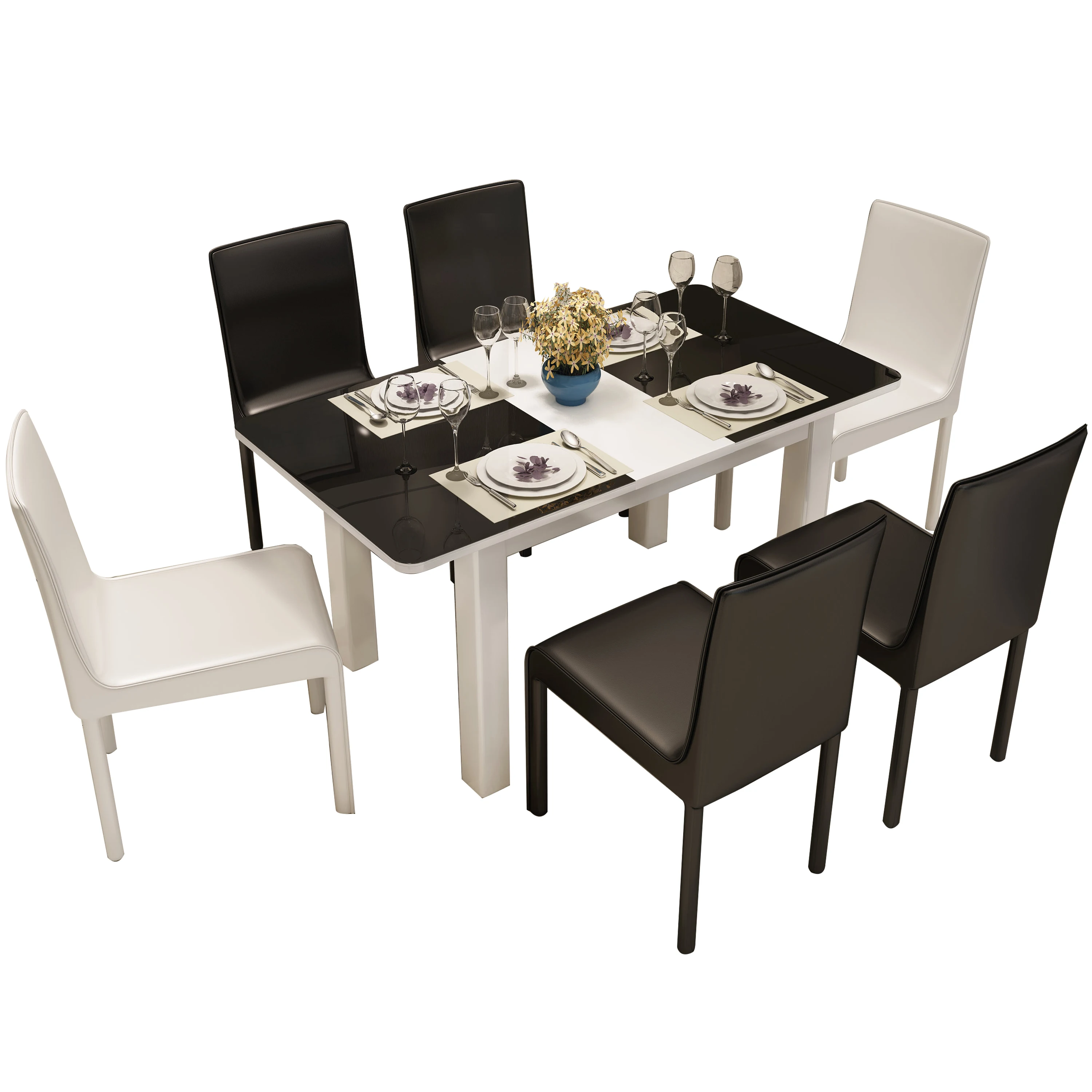 furniture luxury modern 6 seater wooden leg chair and tempered special glass top dining table