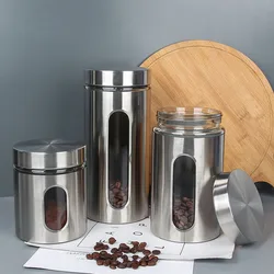 LIHONG Stainless Steel Visible Glass Storage Tank Coffee Beans Grain Sugar Metal Food Storage Canisters