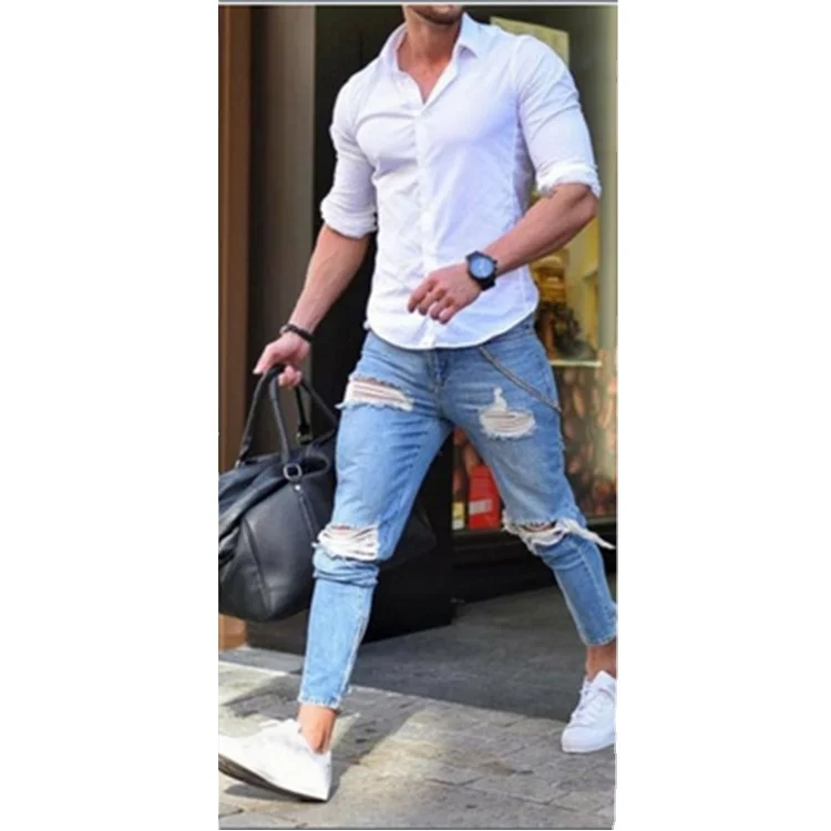 Wholesale Fashion Men Skinny Straight Jeans Washed With Pockets Sky Blue Men Pant
