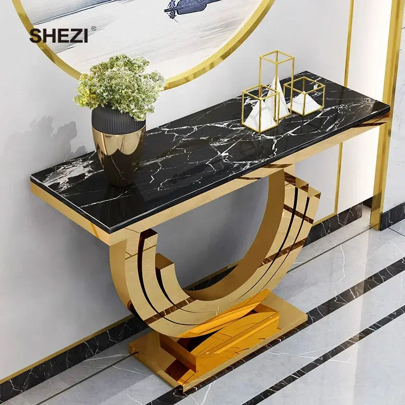 SHEZI Natural Marble Table Gold Forged Iron Frame Hallway Narrow metal Console Table For Home