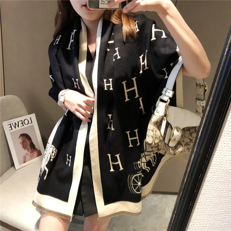Large Warm Cashmere Winter Scarf Shawl High Quality Korea Jacquard Letter Carriage Gorgeous Scarf For Ladies