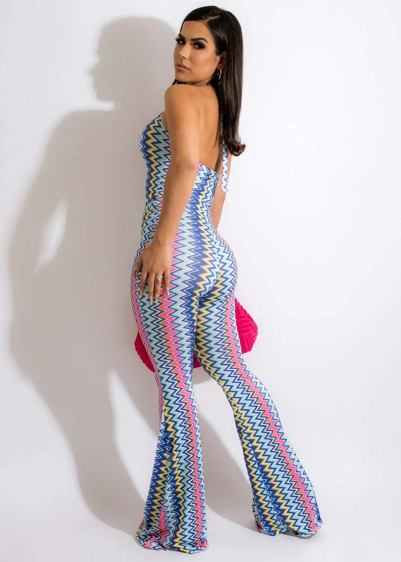 M7535 European and American  hot new hollow neck sexy tight wavy bell bottom printed  women jumpsuit