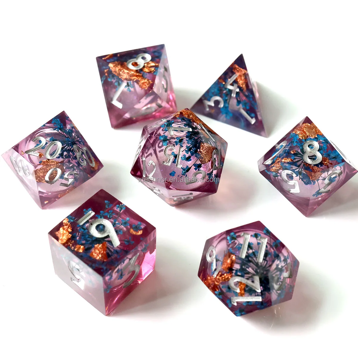 Unique Handmade 7pc Sharp Edge Resin Polyhedral Dice D&D Dungeons and Dragons RPG dice-Flower Liquid Core Dices
