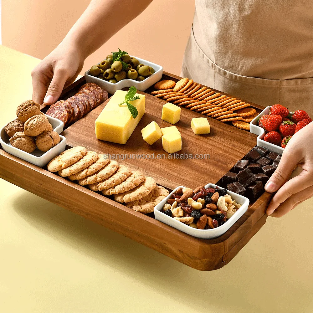 Handcrafted Acacia Square Shaped Cheese Charcuterie Set Cheese Platter Premium Rustic Cheese Boards