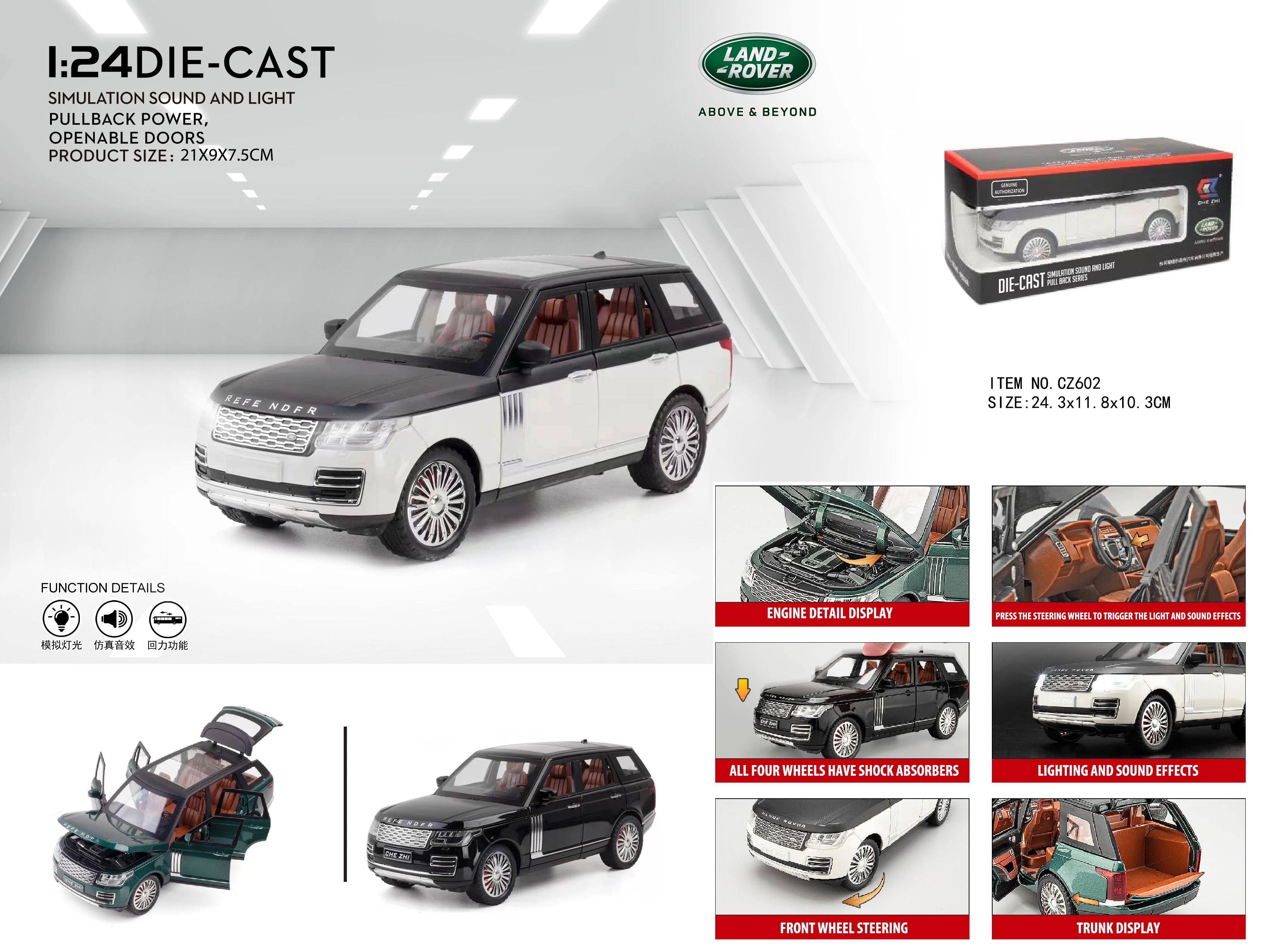 1:24 Scale Die-Cast Land Rover Range Rover with Simulation Sound & Light Pullback Openable Door Diecast car toys for Kids 3+