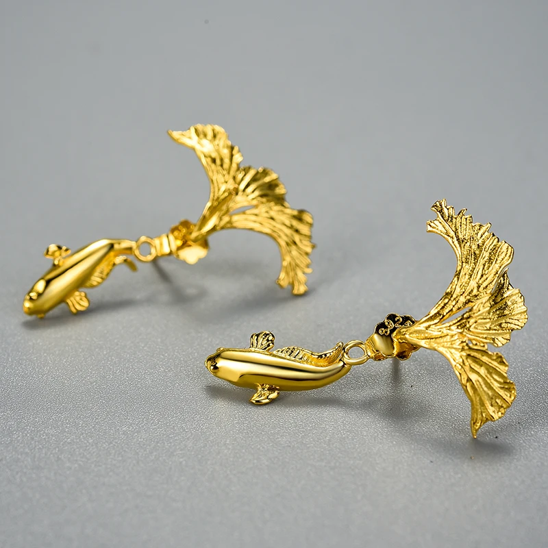 Lotus Fun  925 Sterling Silver 18K Gold Unusual Divided Design Fighting Fish Stud Earrings for Women