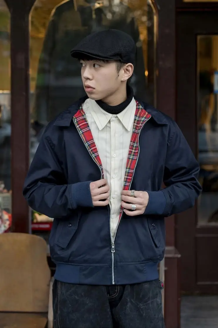 Mens spring classic windbreaker plaid check tartan lined Military Bomber Flight jacket Scooter Knightsbridge Harrington jacket