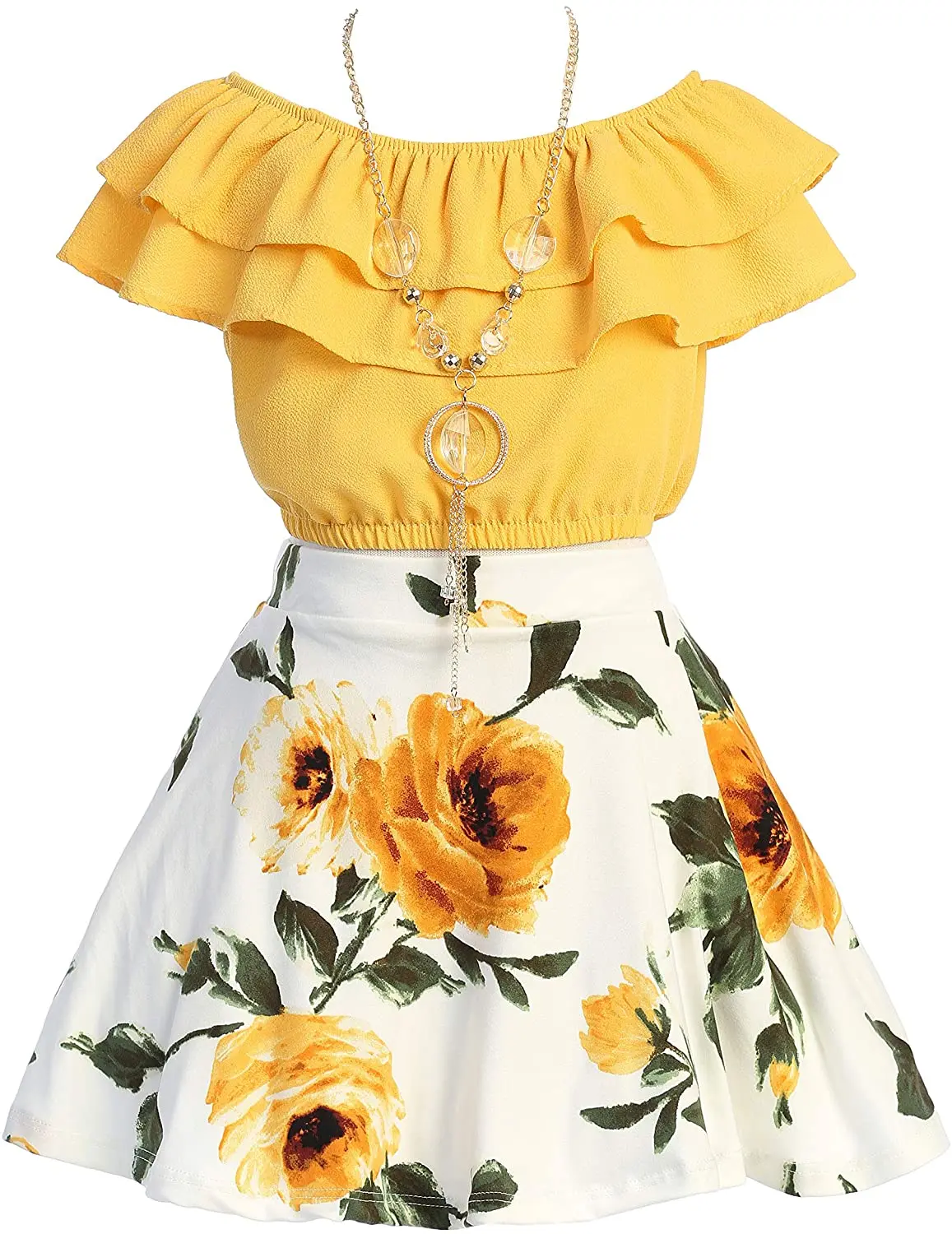Cold Shoulder Crop Top Ruffle Layered Top Flower Girl Skirt Sets for Girl