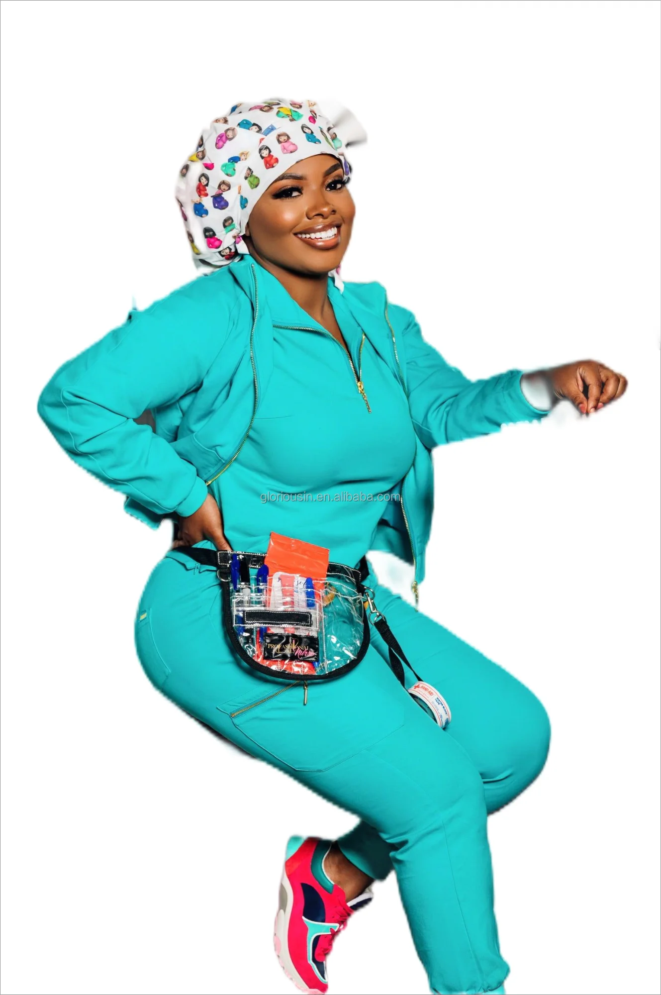 GloriouIn Female 2023 New Style Fashion Zipper Pullover GloriousIn RTS Scrub 2023 Salon Ot Health Care Uniform Male Ceil Blue