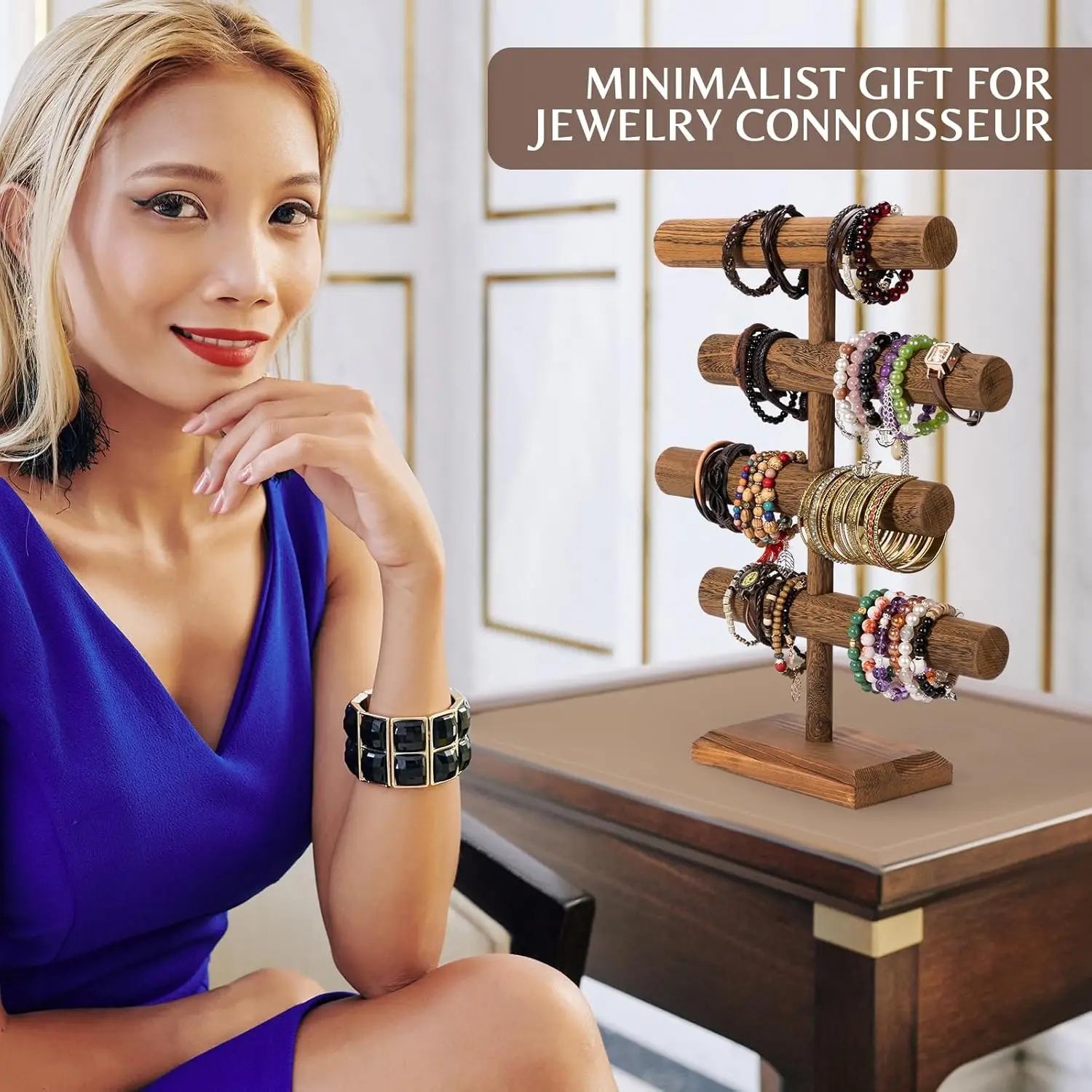 Brown Stained Wooden with Gold Tone Aluminum Rods Necklace Bracelet Jewelry Display Stand