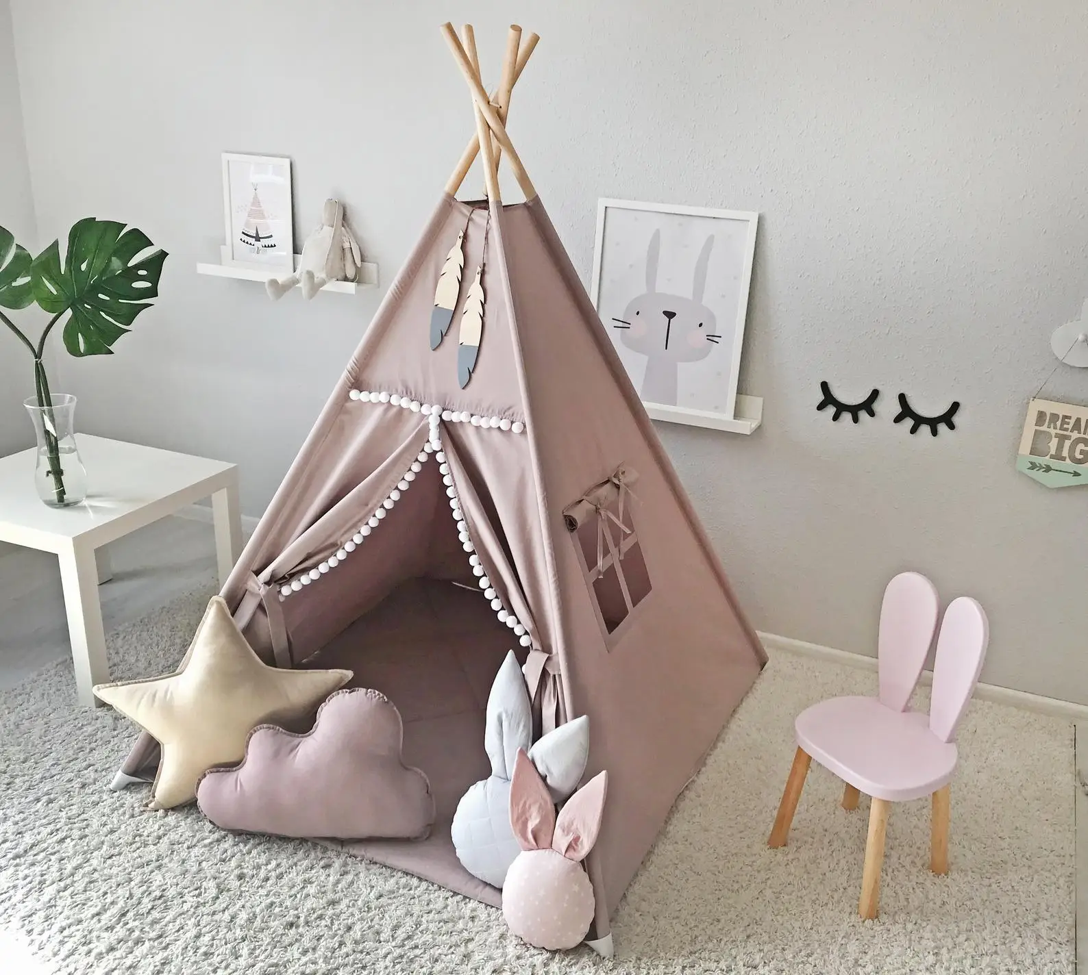 
Indoor Outdoor Kids Home Play Teepee Tent Princess Room Game Tent Playhouse Cotton Canvas Indian Tent with mat 