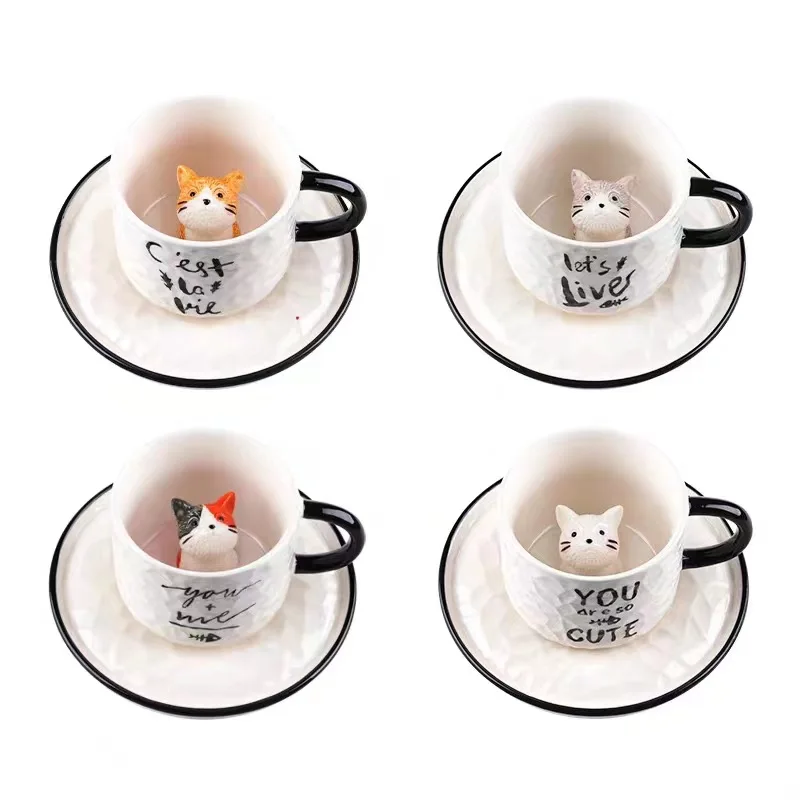Cartoon Set Cat Coffee Saucer Cute Restaurant Milk 250 Ml Coffee Making Tea Breakfast Water Porcelain Craft Gift Ceramic Cup