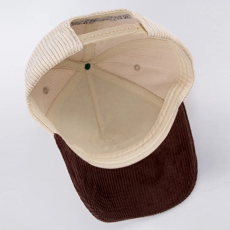 Qianzun color block vintage corduroy hat custom embroidery 5 panel a frame baseball cap with corduroy fabric