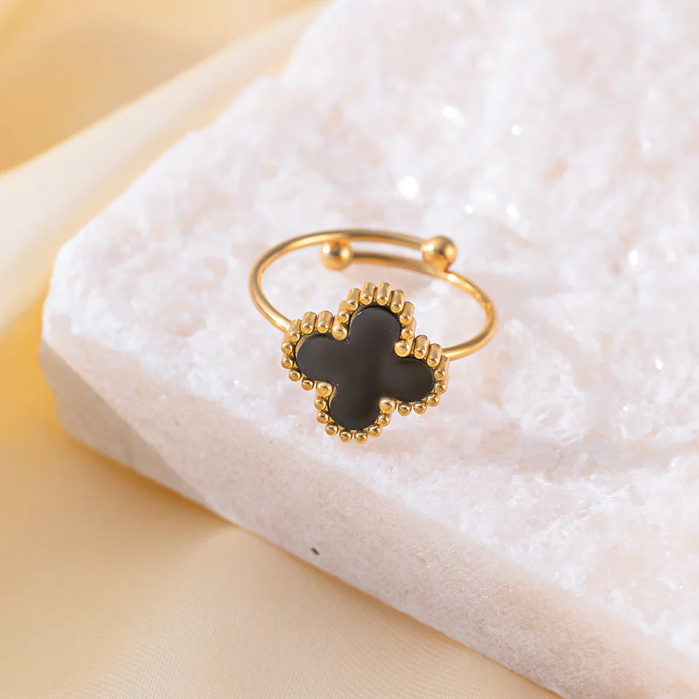 New 316L Stainless Steel Four Leaf Clover Adjustable Open End Ring 18K Gold Plated Fashion Versatile Design Sense Ring Wholesale