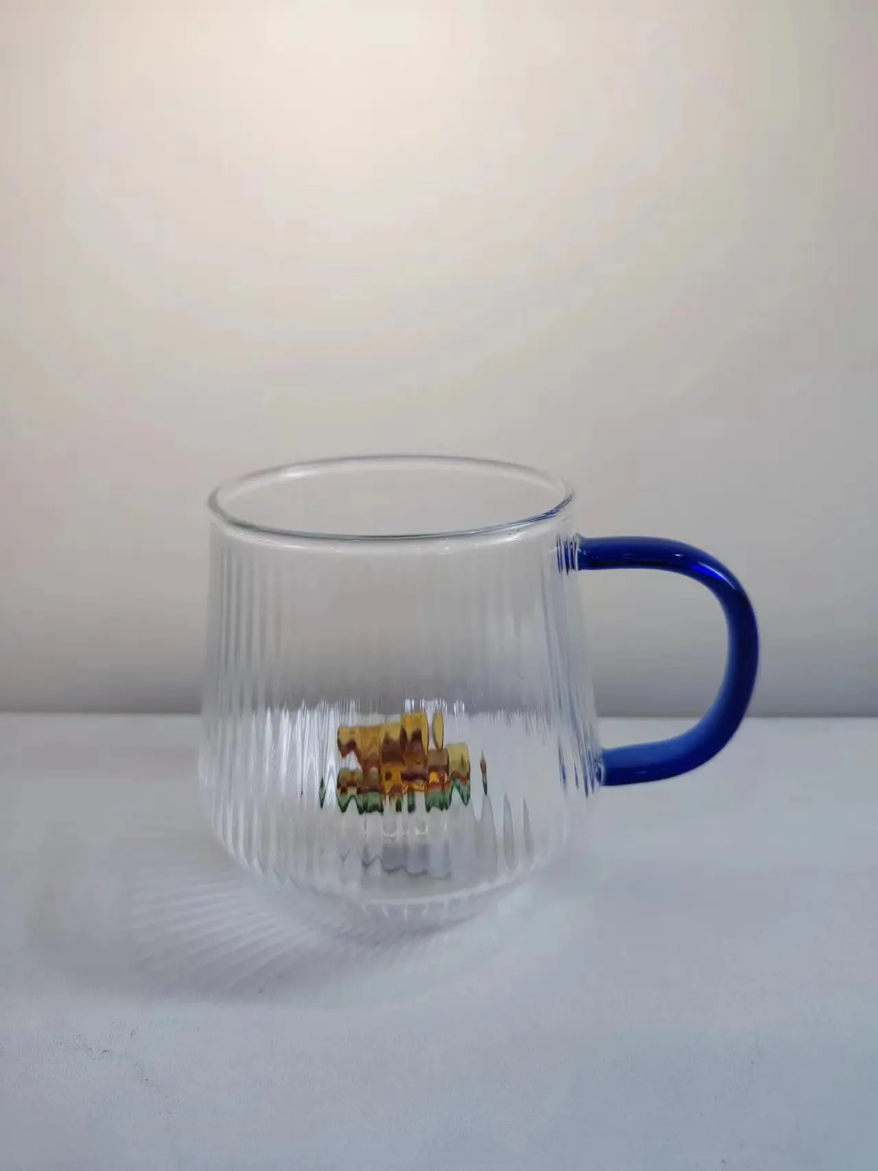 Wholesale Striped Glass Mug With 3D Flower Inside Hand Blown Food Grade Glass Cup With Handle Coffee Cup