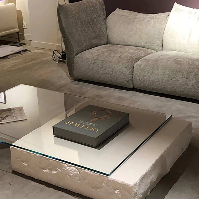 Italian Minimalist Travertine Coffee Table Light Luxury Modern square Living Room Creative Glass Table