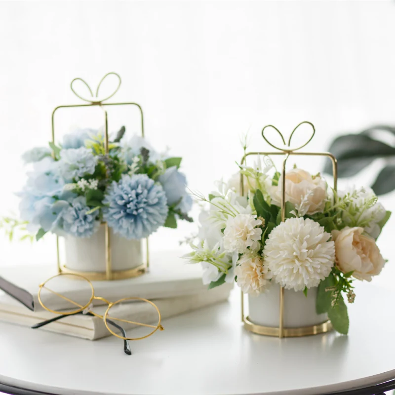 Artificial Flower Hanging Planter Pot Artificial Flower Set with Ceramic Golden Vase for Wedding Home Decor