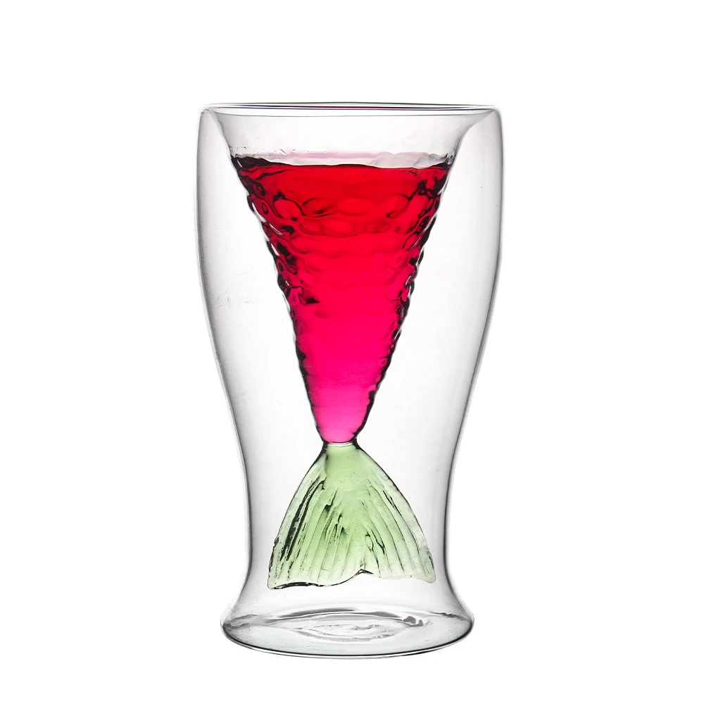 Double Wall Glass Cup Fishtail Cup Shot Glasses Colorful High Borosilicate  Tableware American Style Stock Glass Goblet