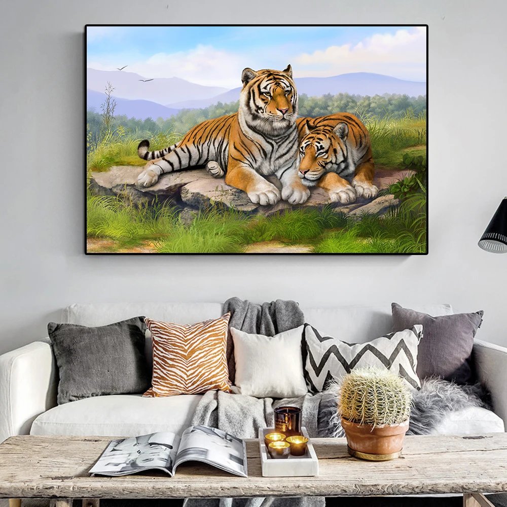 Two Tiger Resting On The Stone Landscape Art Wall Home Office Decor Living Room Luxury Pictures Inspirational Canvas Painting