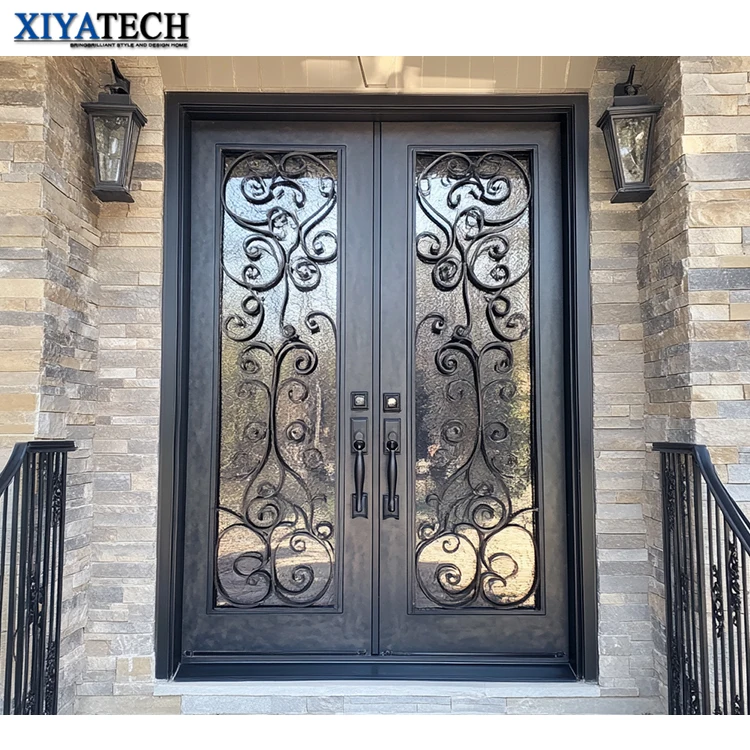 XIYATECH Residential Large Size Storm Security Front Entry Wrought Iron double Entry Door with Smart Lock