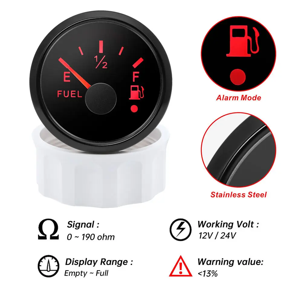 52mm Boat Fuel Level Gauge 0-190ohms with Fuel Level Sensor Unit Sender