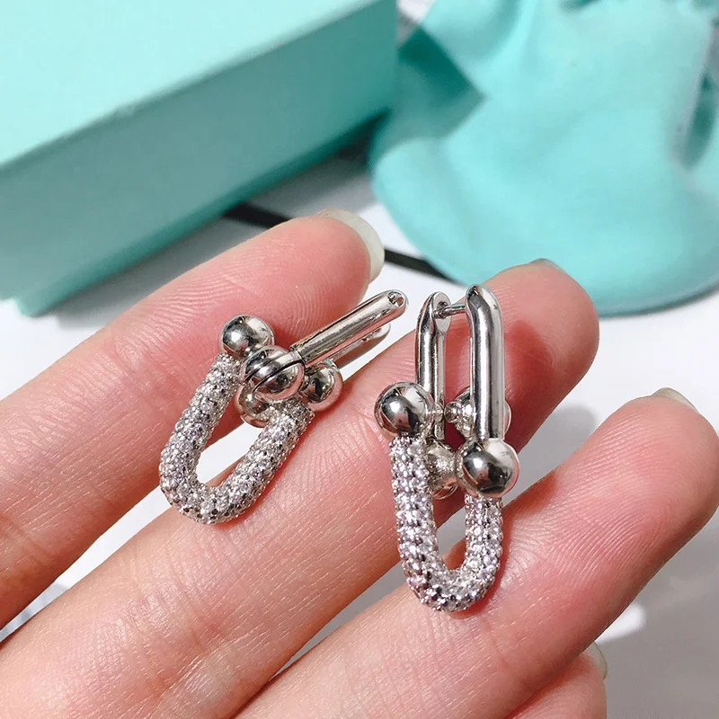 U Shaped Horseshoe Buckle Geometric Diamond Women CZ Stone Hoop 18k Gold Plated Zircon Earrings