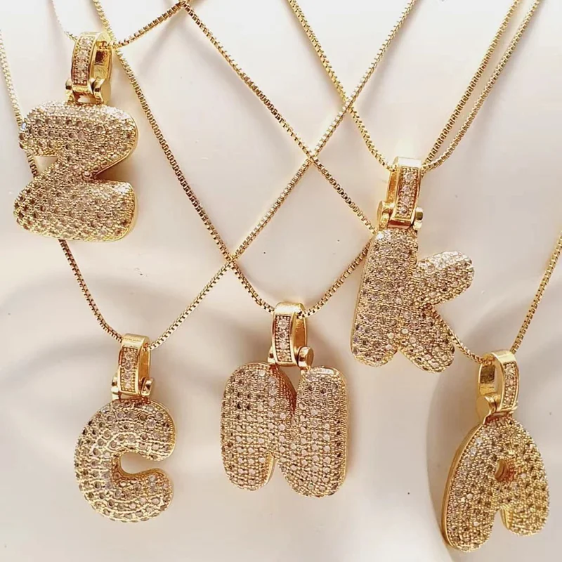 Chunky Alphabet Bold 3D Puff Diamond Bubble Monogram Custom 18k Gold Plated Personalized Initial Letter Pendant Necklace Women