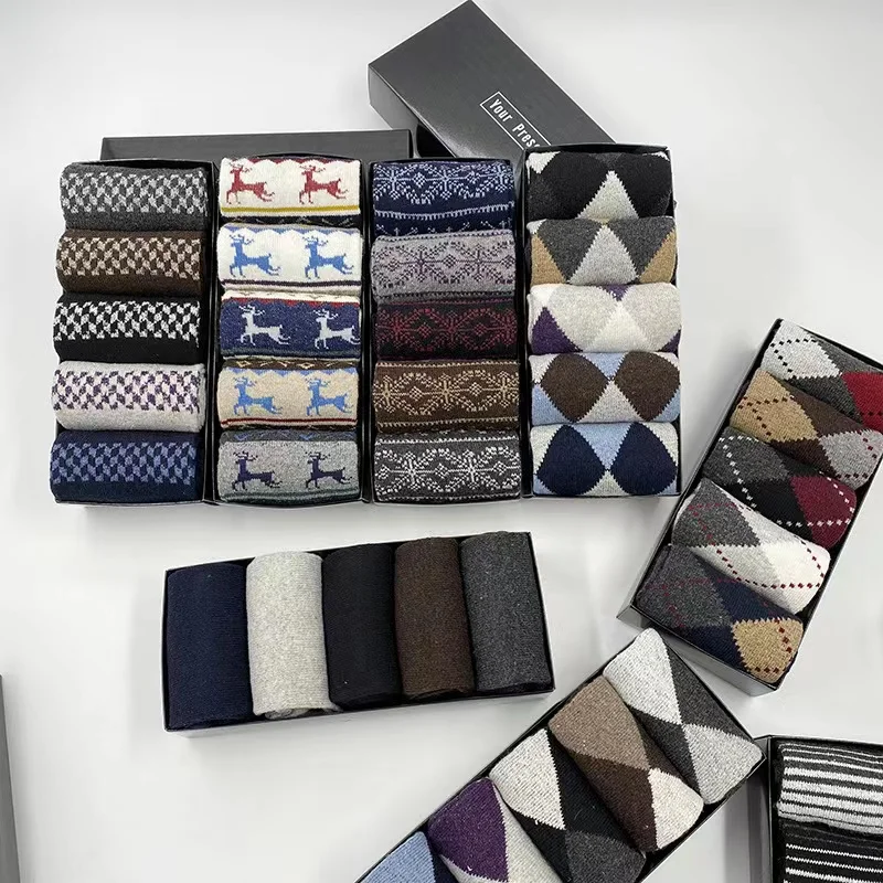 Wholesale 5 pairs box packing wool socks men winter thick warm business crew socks