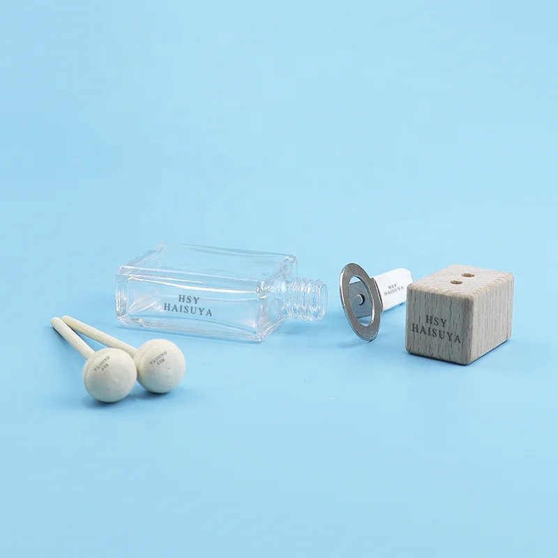 Custom Personalized 10ml 15ml Mini Home Hotel Car Perfume Oil Square Glass Aroma Bottle Wood Vent Diffuser Scent Air Freshener