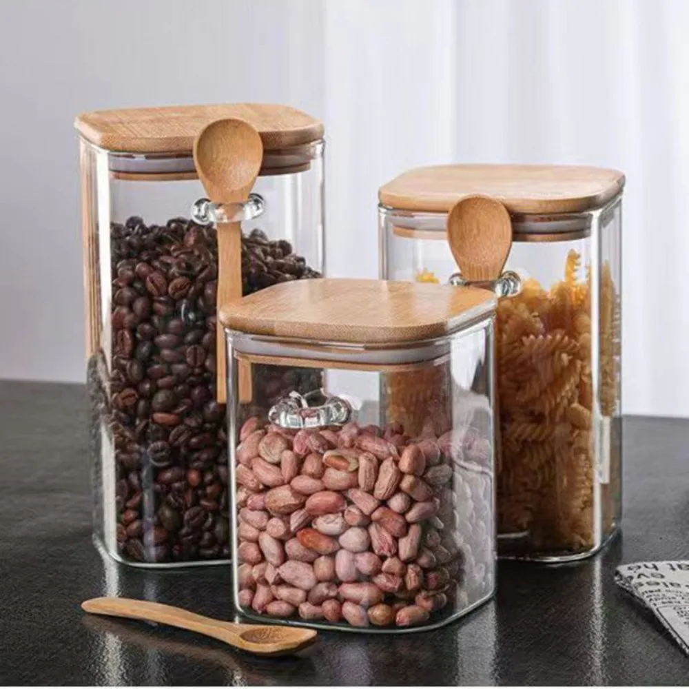Wholesale Kitchen Storage Jar Food Square Clear  glass container jar with spoon kitchen utensils with Bamboo Lid