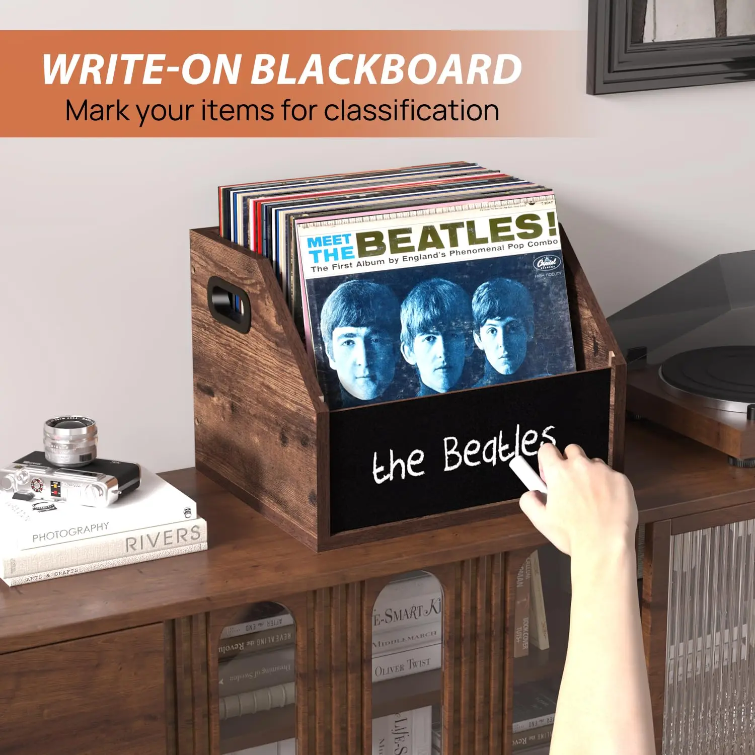 Album Storage Crate Wooden Record Holder  for Vinyl Records with Handles,Blackboard,Colored Chalk