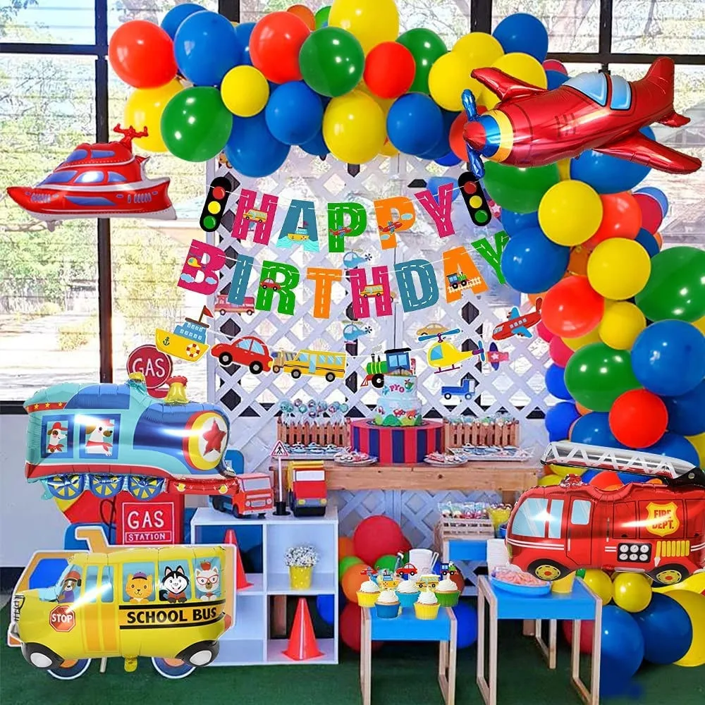Transportation Birthday Decoration for Boys Happy Birthday  Foil Balloons Transport Vehicles Cake Topper Kids