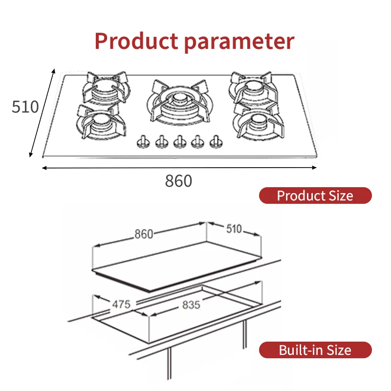 OEM design tempered glass various specifications gas stove 5 burner with CE certificate built in gas stove