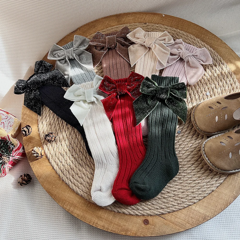 Customize Ins Spanish Children Socks Factory Price Four Season Cotton Socks Glitter Velvet Bows  Baby Girl Boy Christmas Socks
