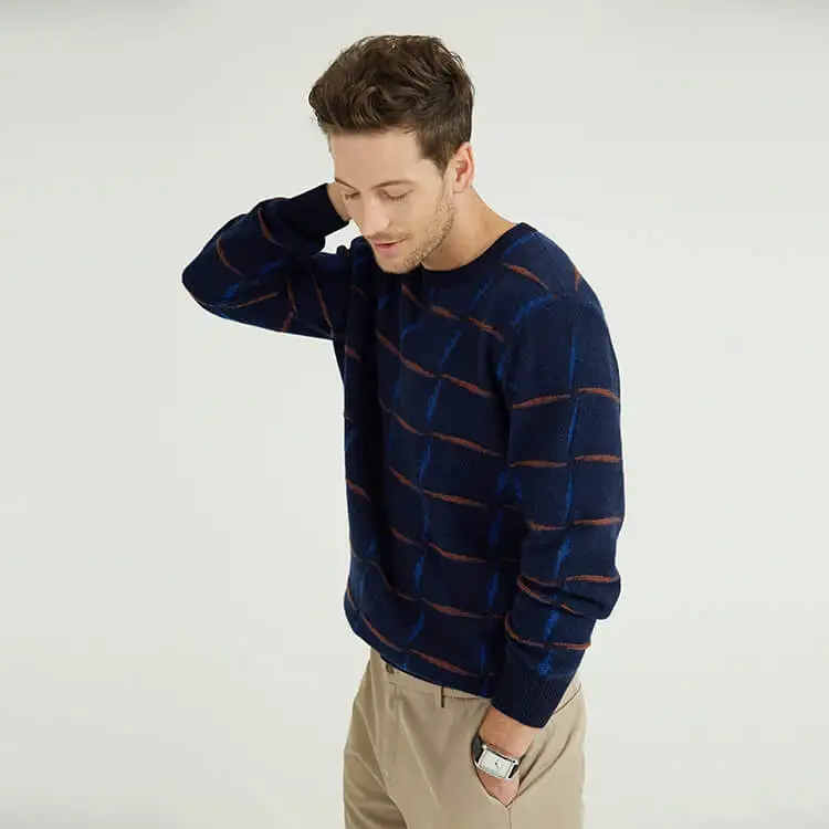 Mens Intarsia 100% Recycled Cashmere Knit Sweater Winter Crew Neck Pullover Jumpers For Men China Knitwear Manufacturer