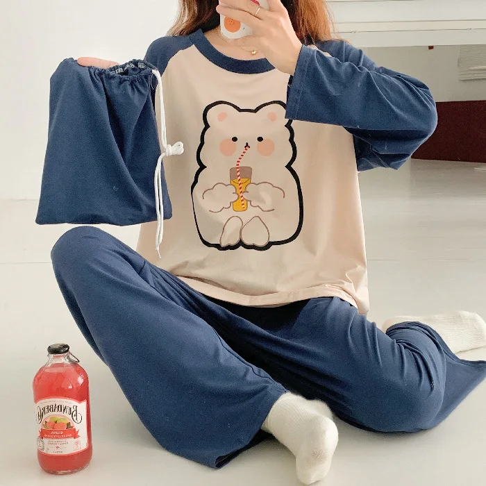 Women long nightdress sleeves trousers Korean cartoon home suit women pajamas for women set