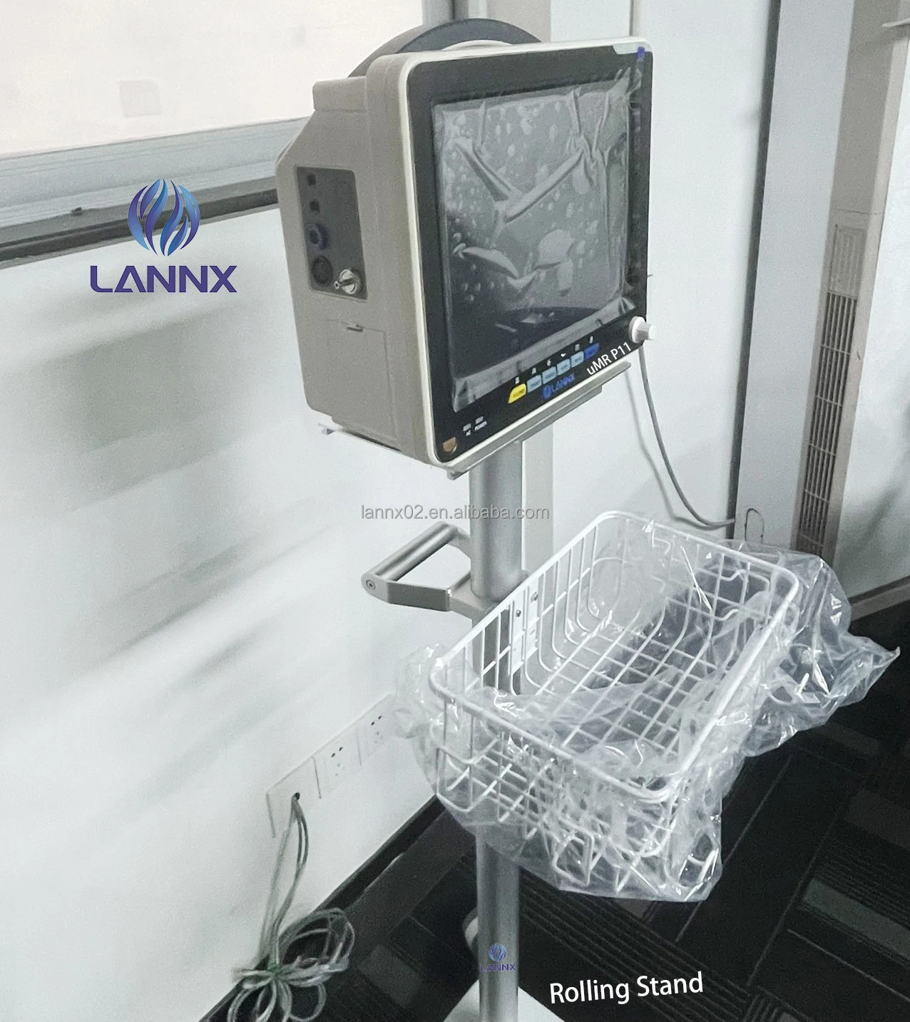 LANNX Mobile Height Adjustable Hospital Medical Vital signs Monitor Trolley with Basket Patient Monitor Rolling Stand