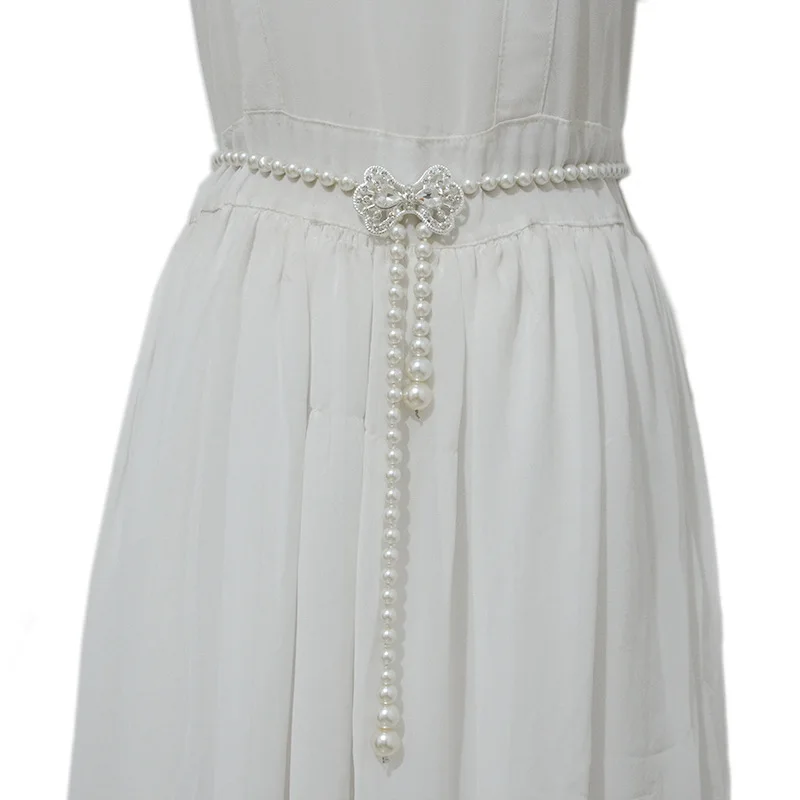 Fashion Women Elastic Belt Flower Girls Dress Decorative Belt Pearl Rhinestones Thin Waist Belts