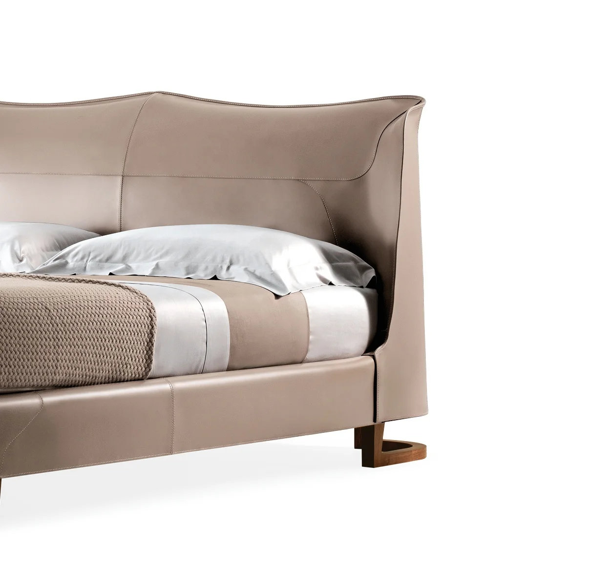 2024Luxury Italian Bed King Size Wood Bedroom Set Modern Design Leather Upholstery Princess Style Wide Headboard