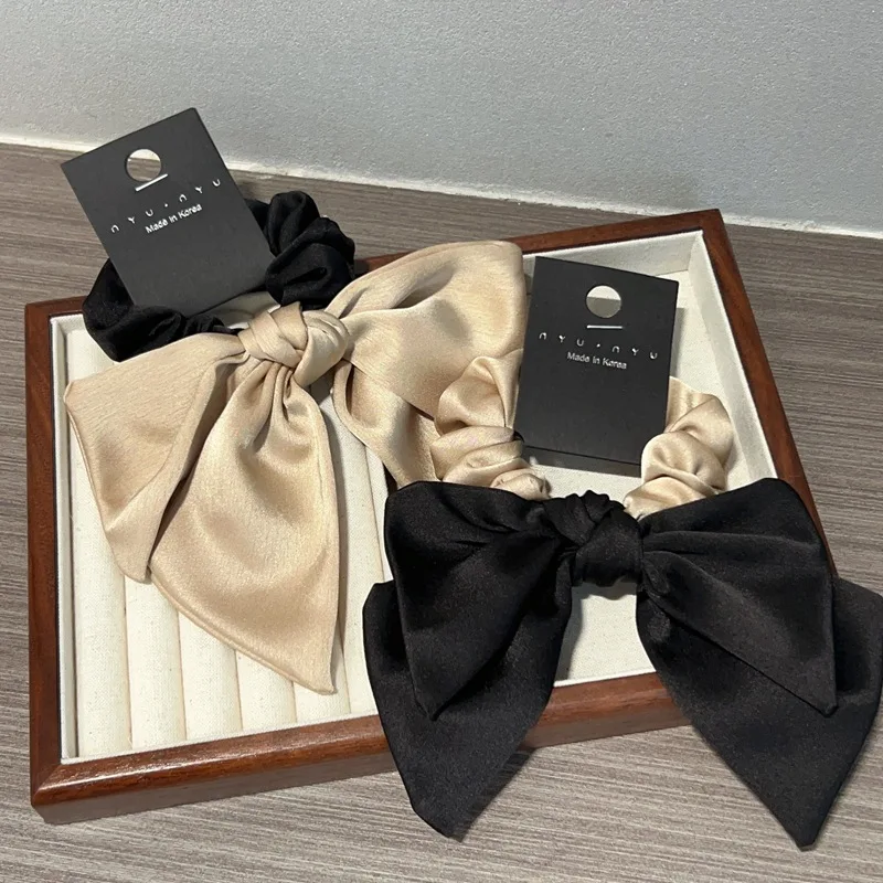 Retro Simple Color Matching Satin Bow Hair Scrunchies Elastic Ponytail Hair Band Bowknot Pretty Women Hair Ties Accessories