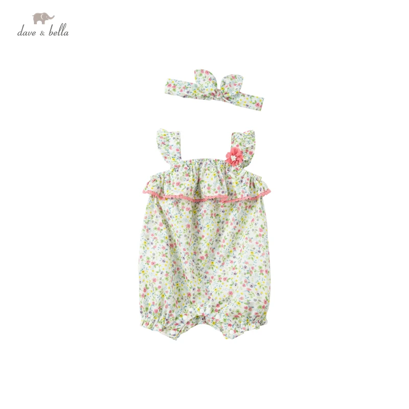 DBM17767 dave bella summer new born baby girls fashion floral print jumpsuits infant toddler clothes romper with a headwear