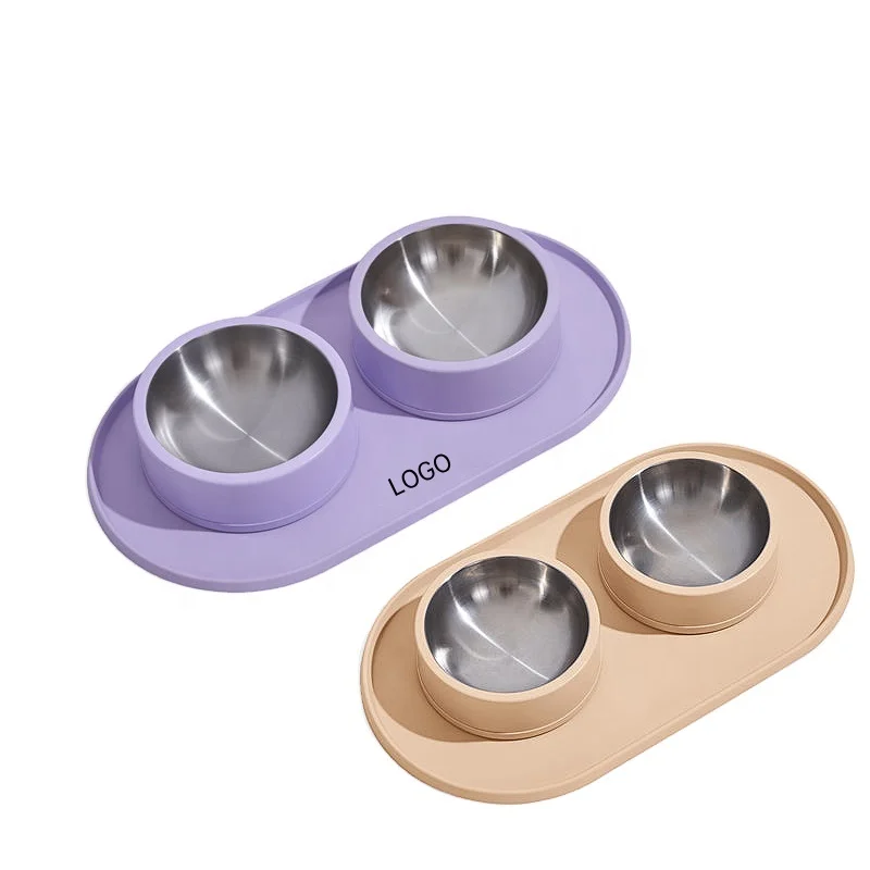 Customized Non-Skid no spill water bowl stainless steel pet dog feeder bowl Kit with silicone mat